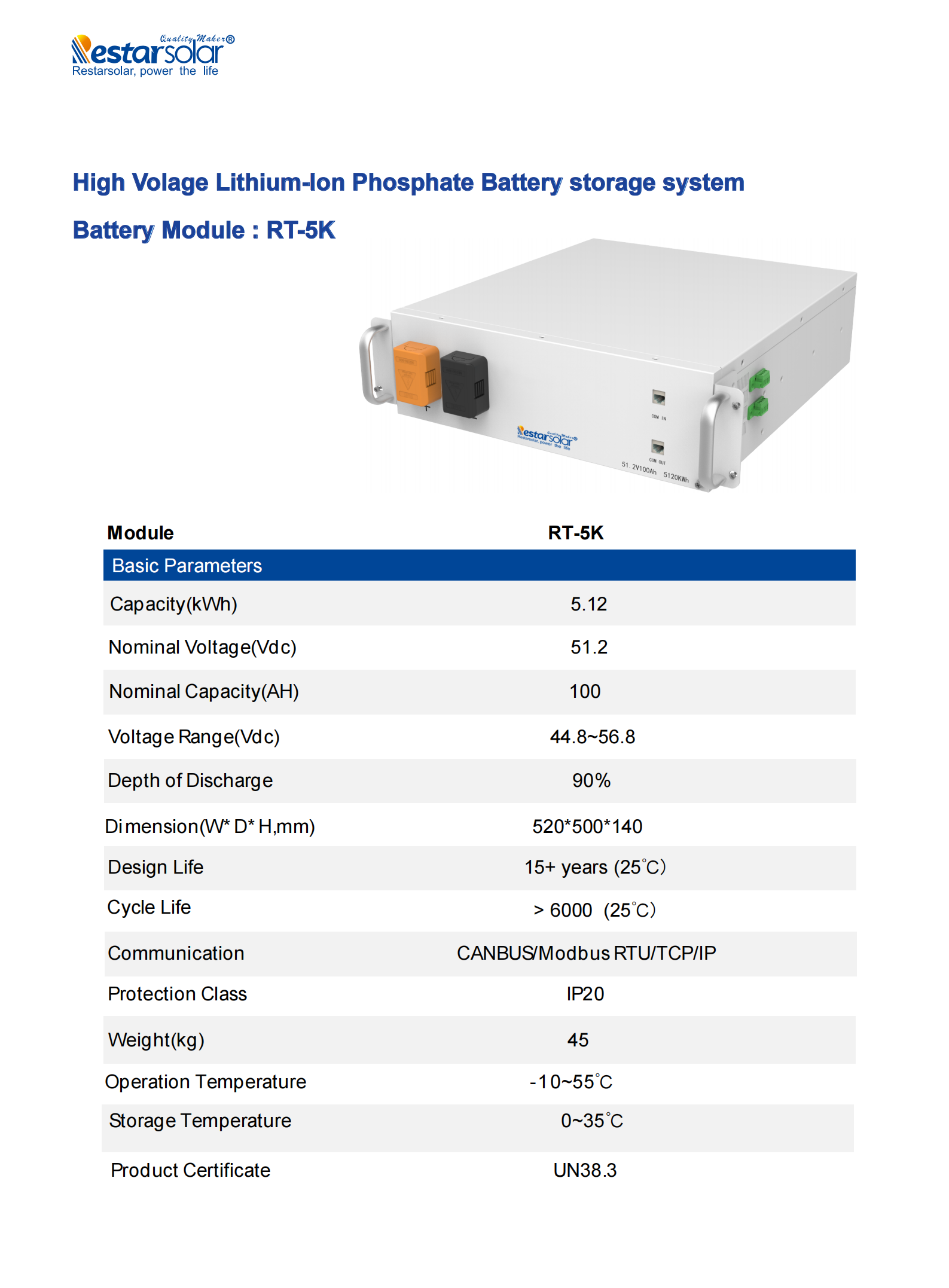 HIGH VOLTAGE LITHIUM-ION PHOSPHATE BATTERY STORAGE SYSTEM